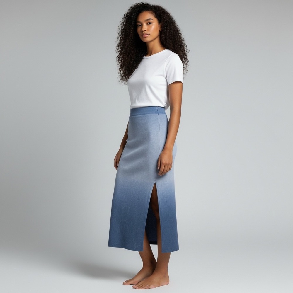 COTTONCITIZEN Melbourne Midi Skirt Blue‎ Ombre Ribbed Slit XS Made in USA